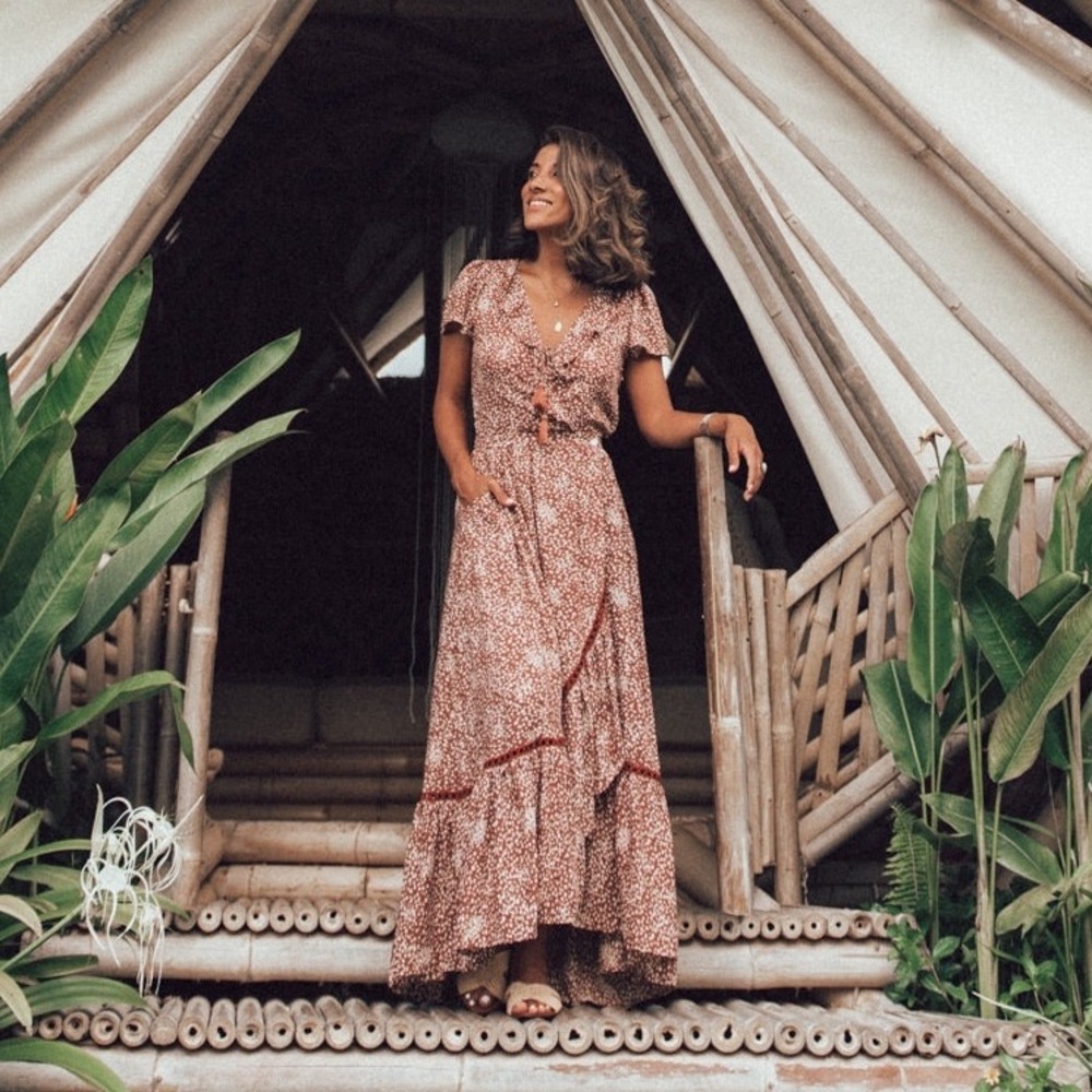 Tulle & Batiste | Alice Wrap Maxi Dress Brown Spotted Boho Ruffle Size L